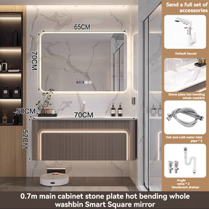 Gabinete de baño gris claro de lujo con espejo inteligente y encimera blanca, mueble suspendido con lavabo. - Product Image 6