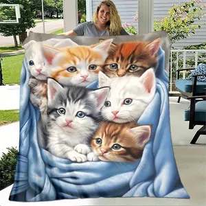 Cute Cat Thin Blanket Lightweight Flannel Throw Blankets Digital Printing Fleece Blanket With Soft And Warm Flannel Fabric