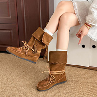 Femmes rétro Cowboy autographe Style daim orteil bottes de Combat 1-3cm talon bas bottines frange automne/hiver mode à lacets