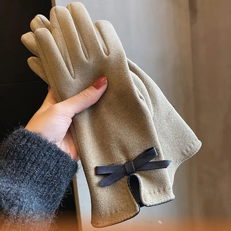 Fashion Winter Women Gloves Plus Velvet Touch Screen Bowknot Glove Casual Outdoor Windproof Acrylic Gloves & Mittens