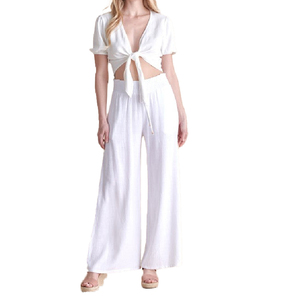 Sports de plein air personnalisés smockés cordon de serrage <span class=keywords><strong>pantalon</strong></span> ample <span class=keywords><strong>grande</strong></span> <span class=keywords><strong>taille</strong></span> femmes décontracté vacances <span class=keywords><strong>blanc</strong></span> <span class=keywords><strong>pantalon</strong></span> en <span class=keywords><strong>lin</strong></span> - Product Image 1