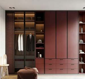 Armoire moderne BALOM sur mesure pour toute la maison |   Porte en bois massif de couleur bordeaux + verre |   Armoire de chambre à coucher haute capacité - Product Image 1