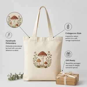 Sac fourre-tout en toile brodé motif dessin animé champignon bohème, fait main, design mignon, écologique, réutilisable, personnalisable, vente en gros - Product Image 5