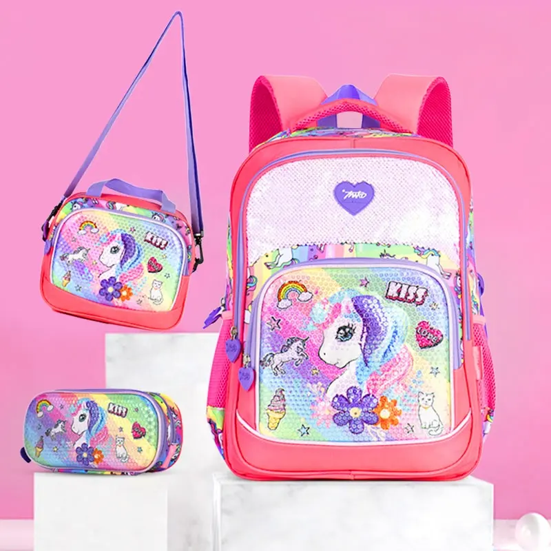 Conjunto de 3 bolsos de diseño de unicornio para niños y estudiantes, mochila escolar de dibujos animados en 3d