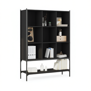 Estantería de Madera Sintética Negra y Acero con 9 Compartimentos, Estilo Moderno y Minimalista, para Sala de Estar, Mueble para el Hogar - Product Image 1