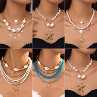 Collier Multicouche Style Vacances Océan Étoile de Mer Coquillage Conque Perle, Collier Empilé Tendance à Plusieurs Rangs
