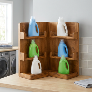 Teak <b>Wood</b> Rectangle Corner Detergent <b>Shelf</b> | Handcrafted Mid Century Modern Three-Layer Living Room Laundry Organizer Wholesale - Product Image 3