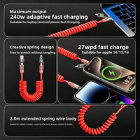 INGZOOM Kabel PVC Adaptor Paduan Seng 240W Pengisian Cepat USB 3.1 3-in-1 Tipe-C 1.8m Kabel USB Spiral untuk Perangkat IOS