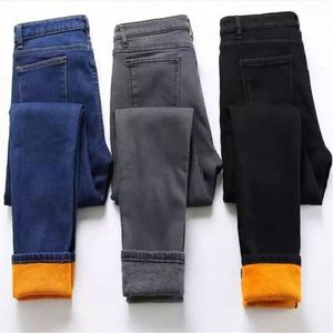 Jeans chauds taille haute pour femme, coupe slim droite, en denim épais doublé velours, extensibles, décontractés, pour l'automne et l'hiver - Product Image 1