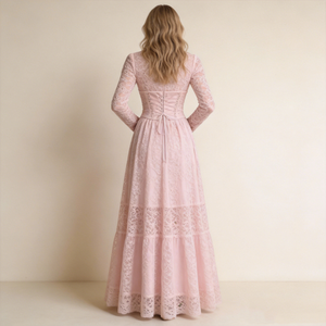 Robes en dentelle rose poudré à col montant et manches longues, corset à lacets, volants superposés, maxi, élégantes, style victorien - Product Image 3
