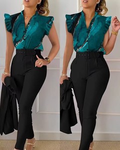 Ensemble 2 pièces d'été pour femme avec haut imprimé à manches feuille de lotus et pantalon décontracté avec ceinture - Product Image 2