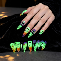 Lot de 4 faux ongles autocollants Halloween phosphorescents, imprimés en 3D, longs stilettos, motifs citrouille, fantôme, chauve-souris, pour fête