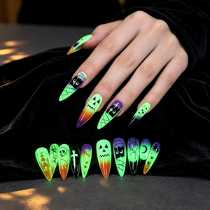 Lot de 4 <span class=keywords><strong>faux</strong></span> <span class=keywords><strong>ongles</strong></span> autocollants Halloween phosphorescents, imprimés en 3D, longs stilettos, motifs citrouille, fantôme, chauve-souris, pour fête - Product Image 4