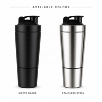 Bouteille shaker à protéines 2-en-1 en acier inoxydable de 600 ml avec gobelet de rangement de 200 ml, fouet et échelle de mesure pour la gym et le fitness