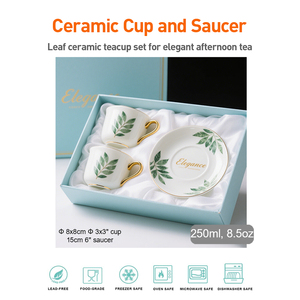 Tazza <span class=keywords><strong>da</strong></span> caffè in ceramica <span class=keywords><strong>con</strong></span> foglia bianca personalizzata e <span class=keywords><strong>piattino</strong></span> <span class=keywords><strong>con</strong></span> scatola regalo bordo oro porcellana inglese Espresso <span class=keywords><strong>tazze</strong></span> <span class=keywords><strong>da</strong></span> tè e piattini regalo - Product Image 2