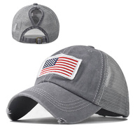 Gorra de malla de red con agujero de cola de caballo lavado de algodón, gorra de camionero bordada con bandera de EE. UU., gorra de béisbol transpirable desgastada para mujer