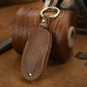 Luxury Handmade Retro Genuine Leather Key Case For Tesla Model 3 X Y S Accessories For Tesla Model 3 Car Key FOB chain Cover