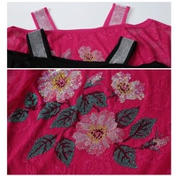Camiseta Floral colorida para mujer, doble capa, gasa de seda helada, manga corta, encaje de flores de diamantes de imitación, camisetas, ropa de fiesta