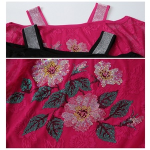 Coloré Floral Femmes T-<span class=keywords><strong>shirt</strong></span> Double Couches Glace Soie <span class=keywords><strong>Gaze</strong></span> À Manches Courtes Strass Fleur Dentelle <span class=keywords><strong>Tee</strong></span> Tops Vêtements <span class=keywords><strong>De</strong></span> Fête - Product Image 5