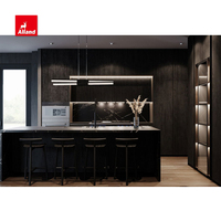 Set Lemari Dapur Modern Mewah Hitam Alland Ramah Lingkungan dengan Panel Melamin Berlapis Kayu dan Aksesoris Ruang Makan