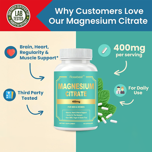 โรสเบสท์ ได้รับการรับรองมาตรฐาน GMP <span class=keywords><strong>สูตร</strong></span>และบรรจุภัณฑ์ปรับแต่งได้ ผลิตภัณฑ์เสริมอาหารแมกนีเซียมซิเตรต 400 มก. แบบแคปซูล สำหรับผู้ชายและผู้หญิง - Product Image 3