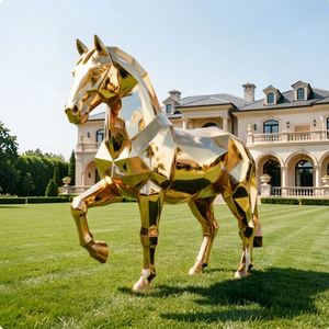 Statue de cheval géométrique en or de luxe, taille réelle, sculpture moderne en acier inoxydable pour la décoration de villa, de jardin et de hall d'hôtel - Product Image 2