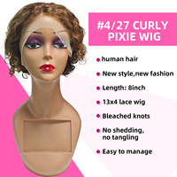 Perruque Pixie Cut Ombré Blond Miel 4/27 avec Lace Frontale 13x4, Cheveux Humains Brésiliens Courts Bob, 100% Cheveux Naturels