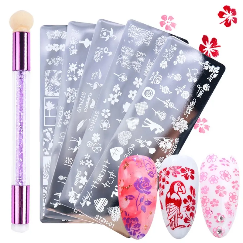 Prego Estampagem Placas Set Silicone Esponja Escova Polonês Transferência Stencils Flor Geometria DIY Modelo para Nail Tool Maquiagem