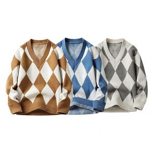 Suéter de Punto Argyle de Invierno para Hombre, Diseño Personalizado OEM, de Lujo, Suave, de Nailon/Algodón, Manga Larga, Cuello en V - Product Image 1