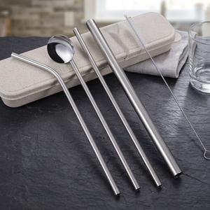 Reusable <b>Metal</b> Drinking <b>Straws</b> Set 3Pcs Minimalist Travel Cutlery with Spoon and Cleaning Brush in Carry Case - Product Image 3