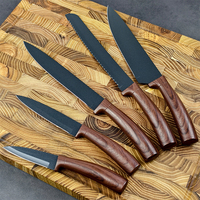 7pcs Pisau Dapur Stainless Steel Motif Kayu Bilah Anti Lengket Gagang pp Set Pisau Koki Hitam Dengan Blok Pengasah Terintegrasi