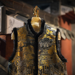 Gilet chaud doublé polaire grande taille pour femme, style chinois haut de gamme, en fourrure de vison et soie de mûrier, brocart Song, référence 5637 - Product Image 2