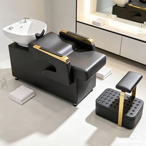 Modern Hair Washing Chair Black Upholstered Salon Shampoo Unit Backwash Station With <b>Footrest</b> For Beauty Hair Salon - Product Image 1