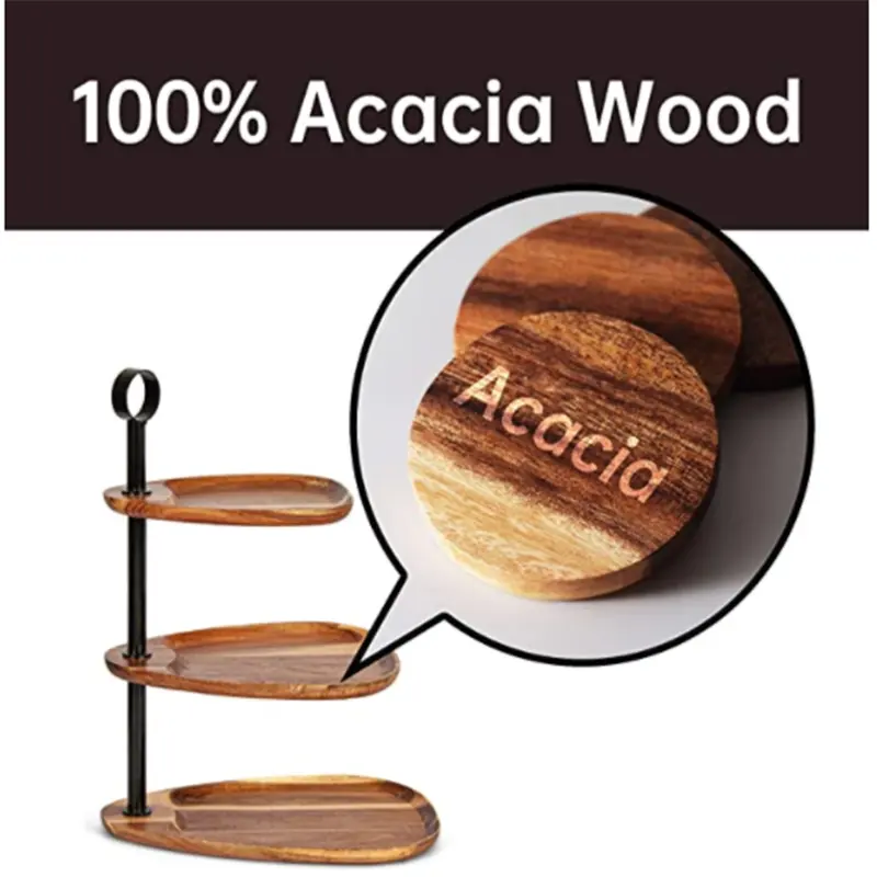 Bandeja escalonada de madera con mango de Metal para cocina, bandeja de madera de Acacia para Pizza, 3 niveles