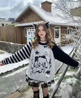 Pull en molleton à motif anime mignon - Pull rayé noir et blanc à manches raglan avec détail oreilles de chat, haut d'hiver doux pour filles