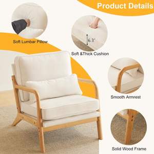 Mid Century Modern Home <b>Accent</b> <b>Chair</b> with Lumbar Pillow Natural White Linen Fabric for Dining Bedroom Lounge Living Room Use - Product Image 3