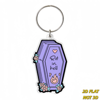 Porte-clés en acrylique 'Rot in Hell' avec cercueil violet et fleurs, breloque de sac gothique et accessoire pour porte-clés pour la mode alternative