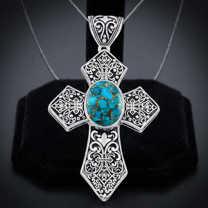 Pendentif croix solitaire en onyx noir de luxe pour femme Gourik, design filigrane oxydé, plaqué argent, forme ovale, charme de mariage - Product Image 3