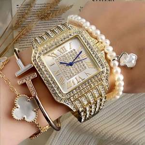 Reloj de Lujo para Hombre y Mujer, Dorado, con Bisel de Diamantes de Imitación, Esfera Cuadrada, Números Romanos, Correa de Acero Inoxidable, Elegante Reloj de Cuarzo - Product Image 4