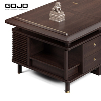 Bureau de direction de style chinois en bois d'ébène durable avec cuir véritable et panneaux brodés à la main