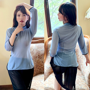 Ensemble de lingerie sexy pour femme, cosplay uniforme d'étudiante de la République de Chine, avec fente latérale et effet transparent - Product Image 2