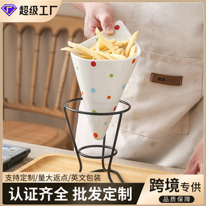 Creative polka dot ceramic French fry rack for home use, suitable for Western restaurants, bread and snack racks, <b>cone</b>-shaped - Product Image 3
