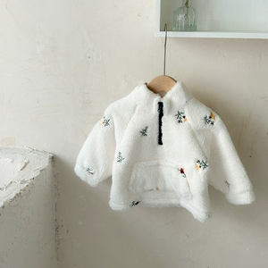 韓国語バージョンカジュアル冬暖かいジャケット赤ちゃん女の子用フリースラグラン袖ジッパーセーター花刺繍付き - Product Image 3