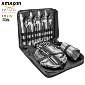 Stainless Steel Outdoor Cutlery Set 4 Person Portable <b>Camping</b> Knife Fork Spoon <b>Cup</b> Plate Gold Color Eco Friendly Storage - Product Image 3
