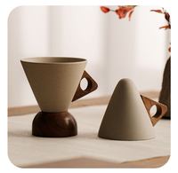 Ensemble tasse et soucoupe à cappuccino en grès de 250 ml, forme en entonnoir, réutilisable, personnalisable, mug à expresso, thé au lait avec base en bois