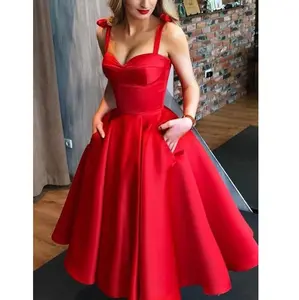 Gaun Pesta Satin Merah Elegan untuk Wanita, Gaun Prom Pendek Ukuran Besar dengan Lengan Setengah dan Kantong - Product Image 1