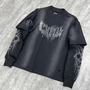 Luxury Vintage Distressed Hole <b>Shirt</b> <b>Waffle</b> Double Layer Long Sleeve T <b>Shirt</b> High Quality Printed Acid Wash Oversized T-<b>shirt</b> - Product Image 3