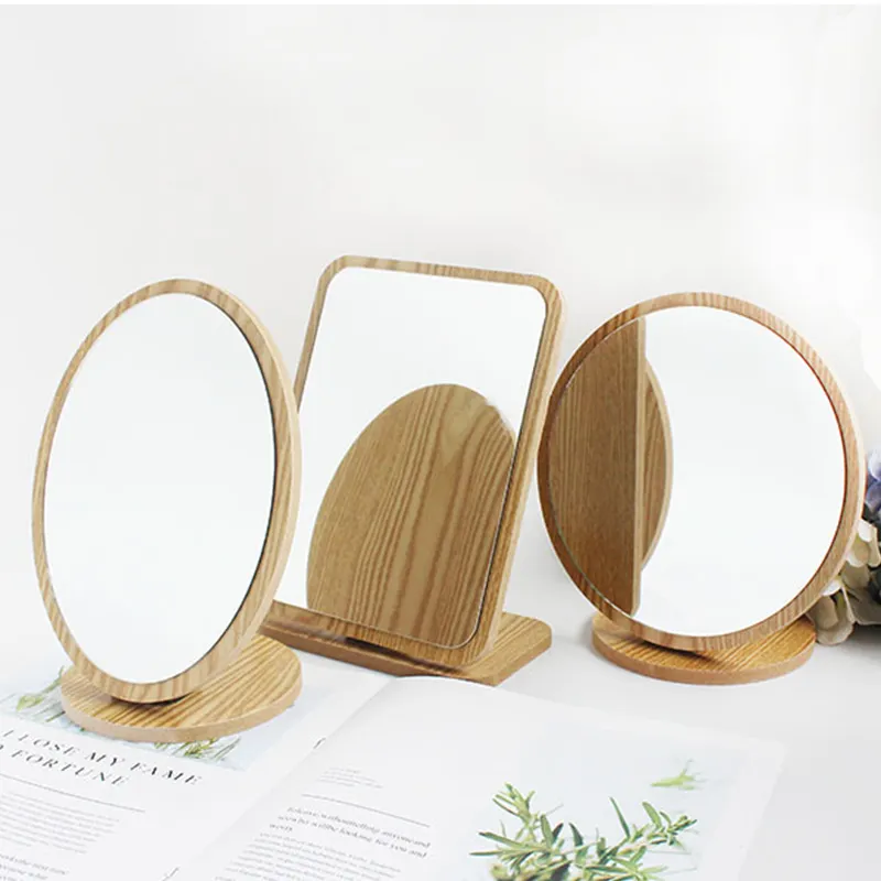 Cermin saku tangan kayu OEM Spring Vanity Makeup berdiri cermin desain tangan cermin kayu untuk tata rias dengan Logo Label pribadi