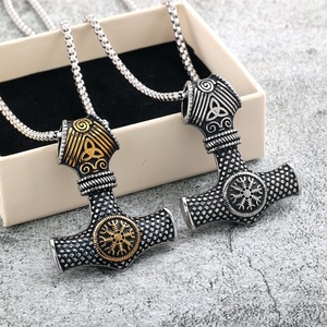 Pendentif vintage en acier inoxydable pour hommes et femmes, marteau de Thor <span class=keywords><strong>Viking</strong></span> 3D, collier avec chaîne en bambou - Product Image 1