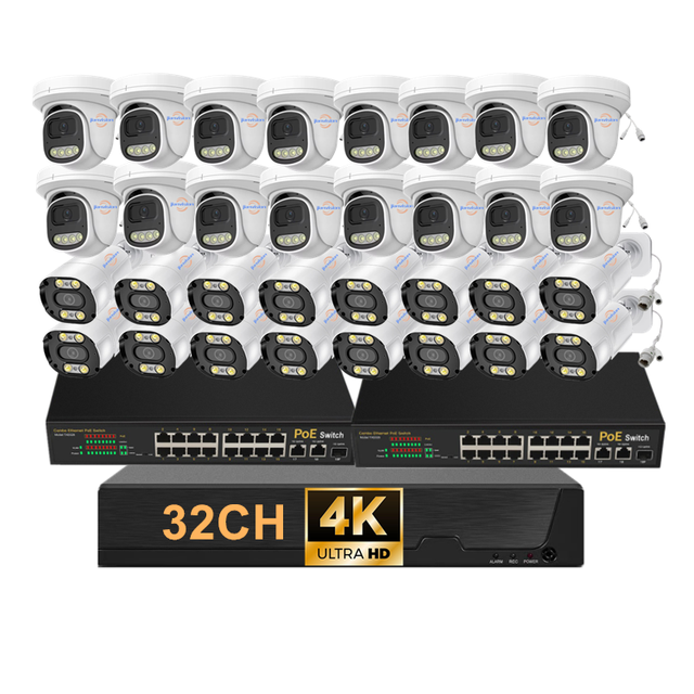 Jianvision 32-Channel POE IP CCTV System 16 Indoor 16 Outdoor 4K 8MP Color Night Vision IP Cameras Audio Recording NVR Data